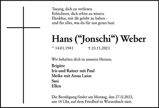 Traueranzeige von Hans Weber von Hinterländer Anzeiger