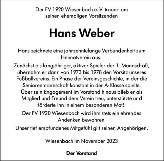 Traueranzeige von Hans Weber von Hinterländer Anzeiger