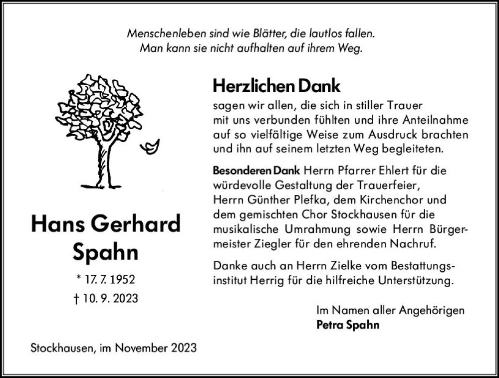 Traueranzeige für Hans Gerhard Spahn vom 18.11.2023 aus Oberhessen Kurier