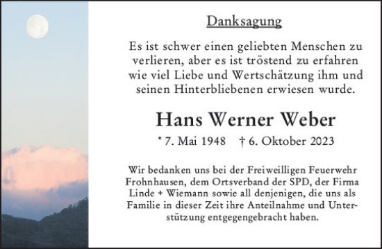 Traueranzeige von Hans Werner Weber von Dill Block
