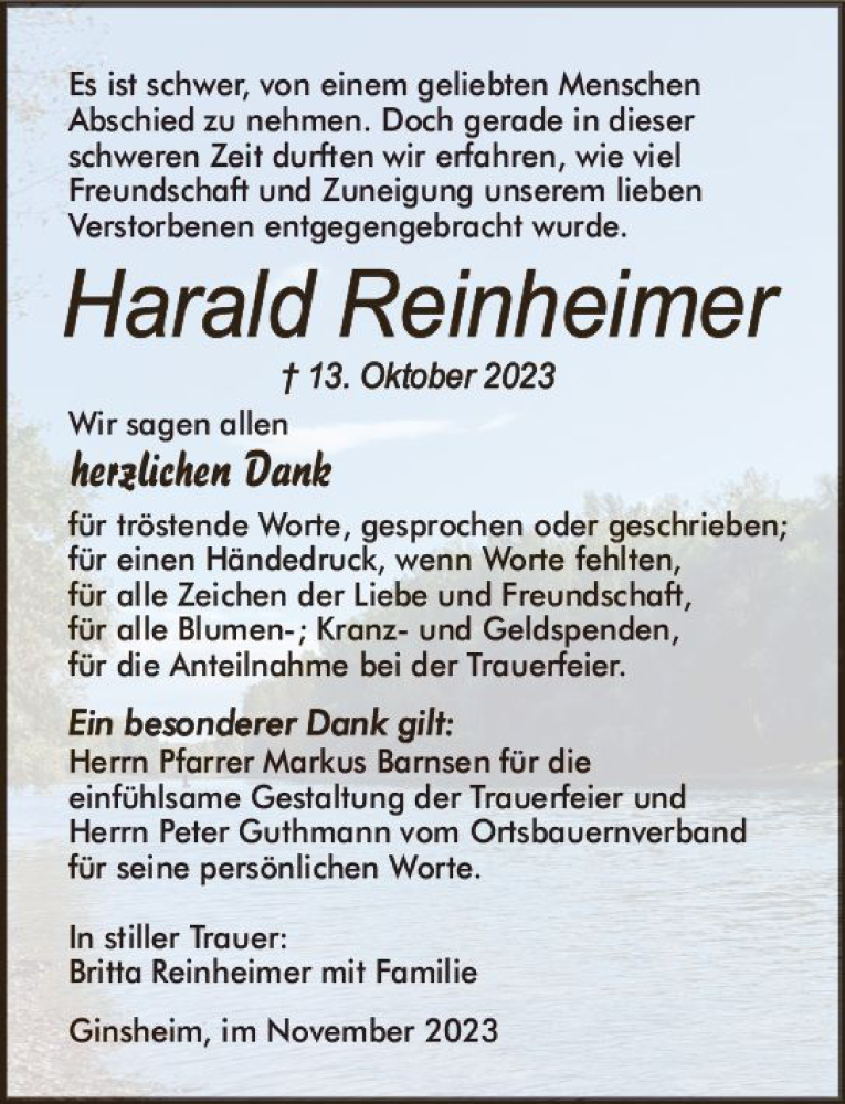  Traueranzeige für Harald Reinheimer vom 15.11.2023 aus Allgemeine Zeitung Mainz