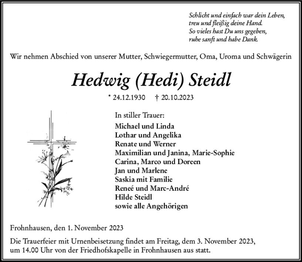  Traueranzeige für Hedwig  Steidl vom 01.11.2023 aus Hinterländer Anzeiger