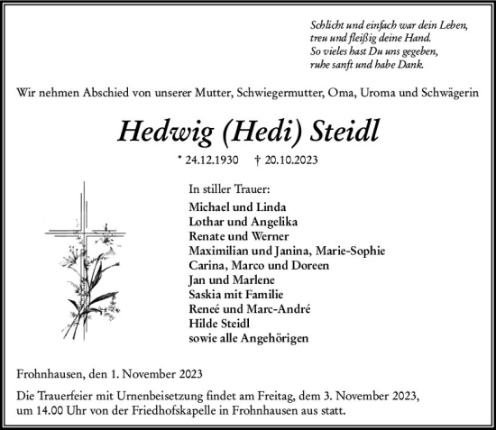 Traueranzeige von Hedwig  Steidl von Hinterländer Anzeiger