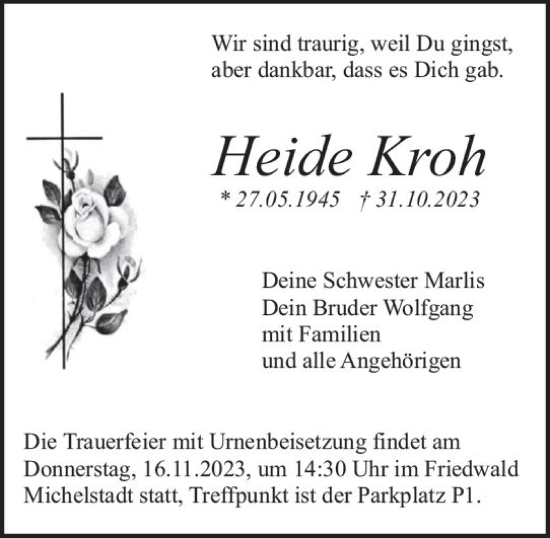 Traueranzeige von Heide Kroh von Odenwälder Echo