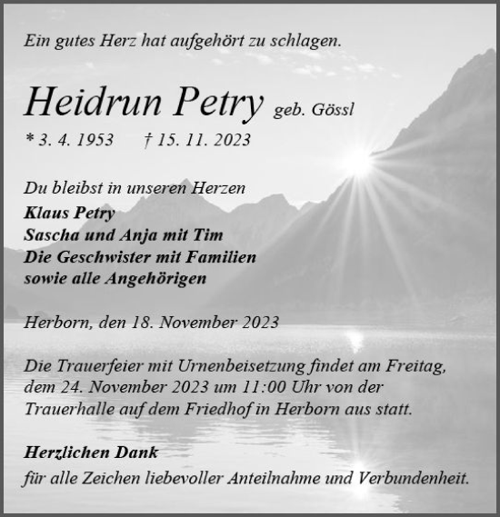 Traueranzeige von Heidrun Petry von Dill Block