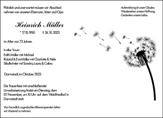 Traueranzeige von Heinrich Müller von Darmstädter Echo