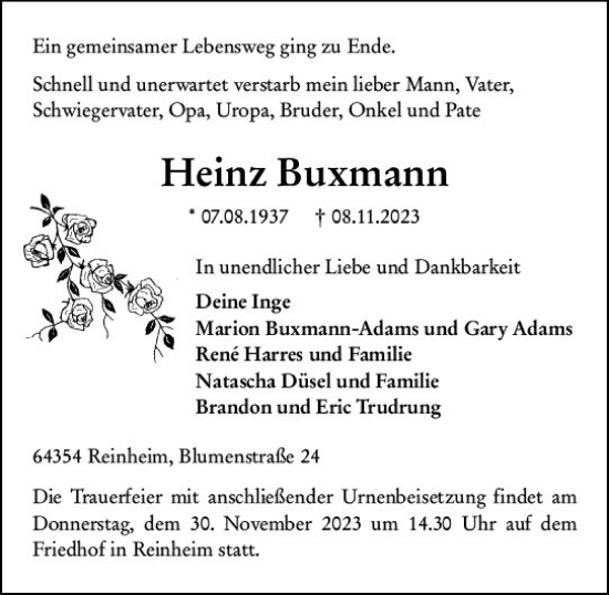 Traueranzeige von Heinz Buxmann von Darmstädter Echo