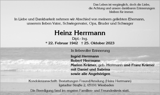 Traueranzeige von Heinz Herrmann von Wiesbadener Kurier