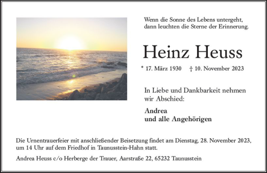 Traueranzeige von Heinz Heuss von Wiesbadener Kurier