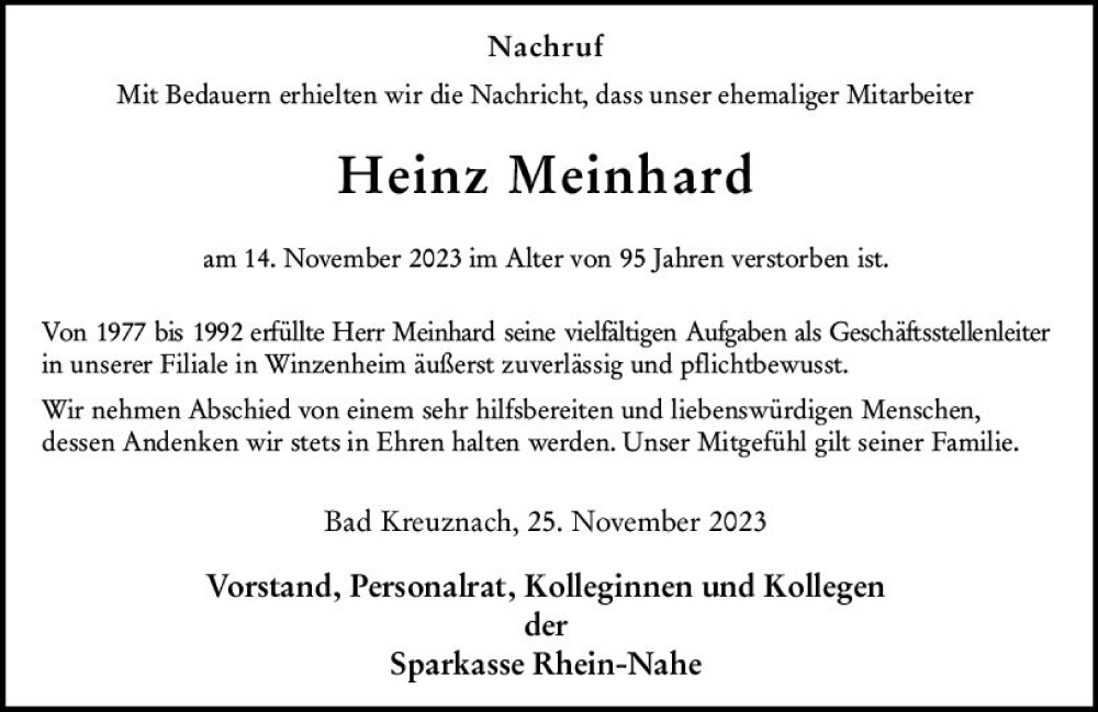  Traueranzeige für Heinz Meinhard vom 25.11.2023 aus Allgemeine Zeitung Bad Kreuznach
