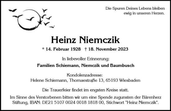 Traueranzeige von Heinz Niemczik von Wiesbadener Kurier