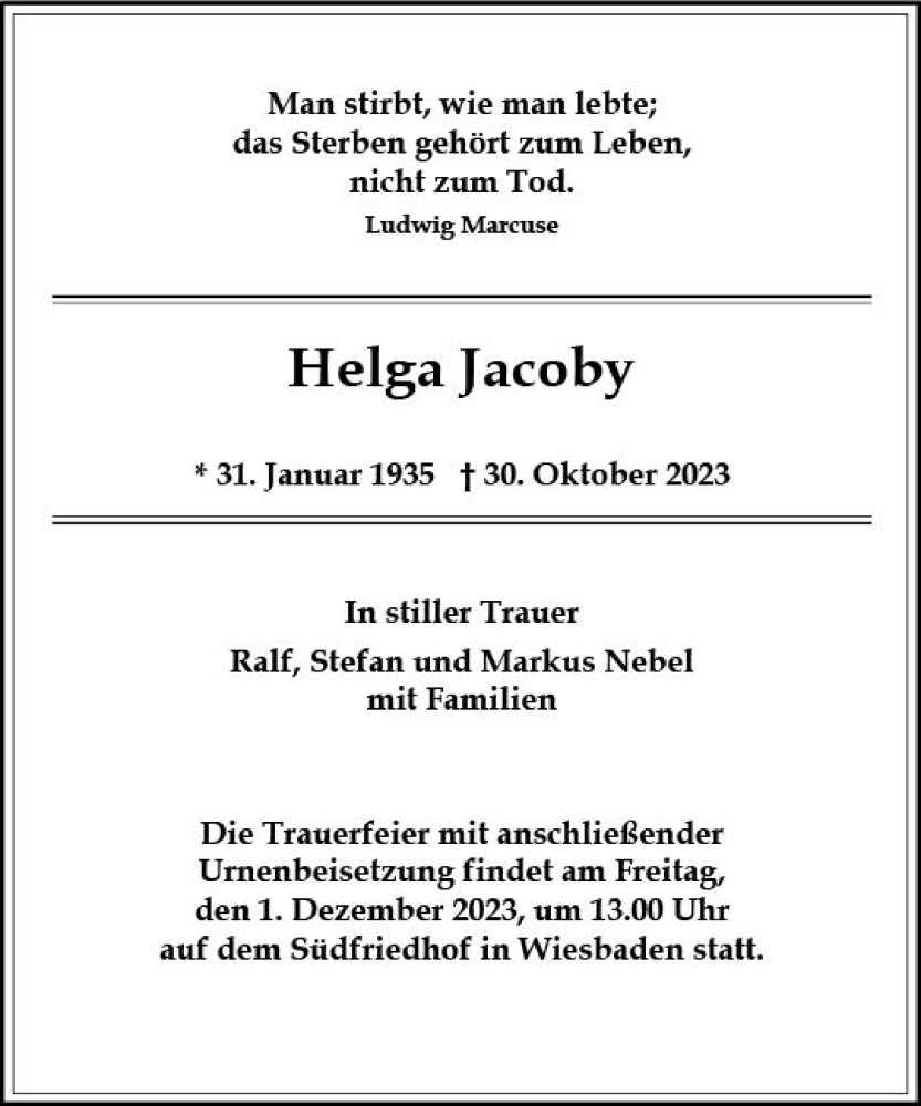  Traueranzeige für Helga Jacoby vom 25.11.2023 aus Wiesbadener Kurier