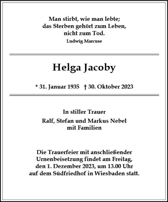Traueranzeige von Helga Jacoby von Wiesbadener Kurier