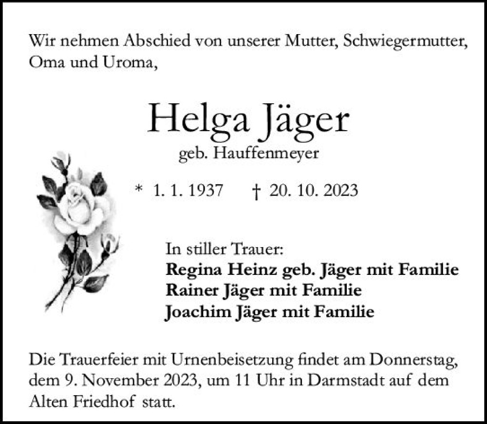  Traueranzeige für Helga Jäger vom 04.11.2023 aus Darmstädter Echo