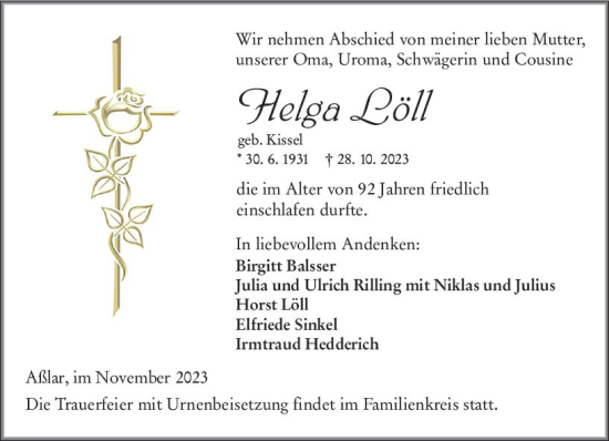 Traueranzeige von Helga Löll von Wetzlarer Neue Zeitung