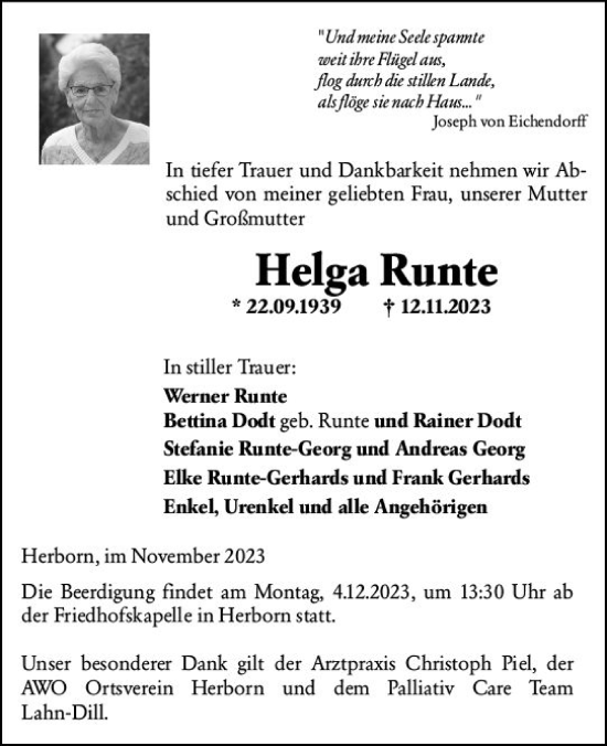 Traueranzeige von Helga Runte von Dill Block