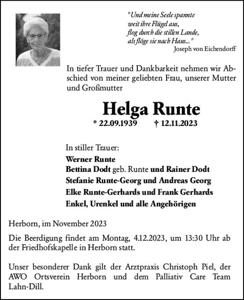  Traueranzeige für Helga Runte vom 21.11.2023 aus Dill Block