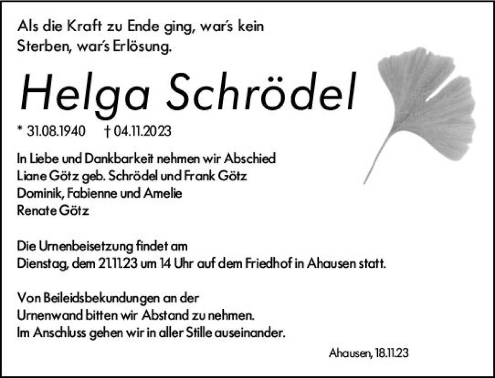  Traueranzeige für Helga Schrödel vom 18.11.2023 aus Weilburger Tageblatt