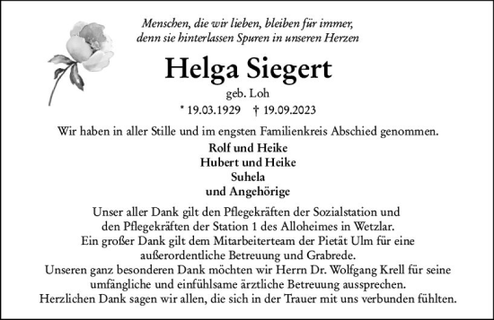 Traueranzeige von Helga Siegert von Wetzlarer Neue Zeitung