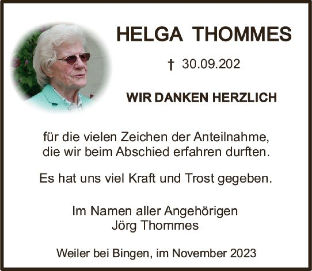  Traueranzeige für Helga Thommes vom 04.11.2023 aus Allgemeine Zeitung Bingen/Ingelheim