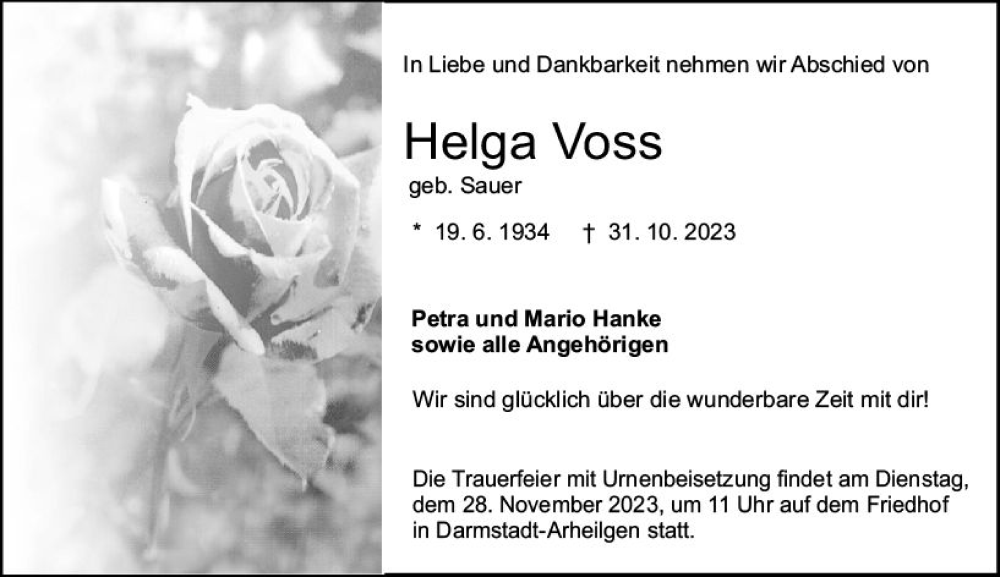  Traueranzeige für Helga Voss vom 18.11.2023 aus Darmstädter Echo