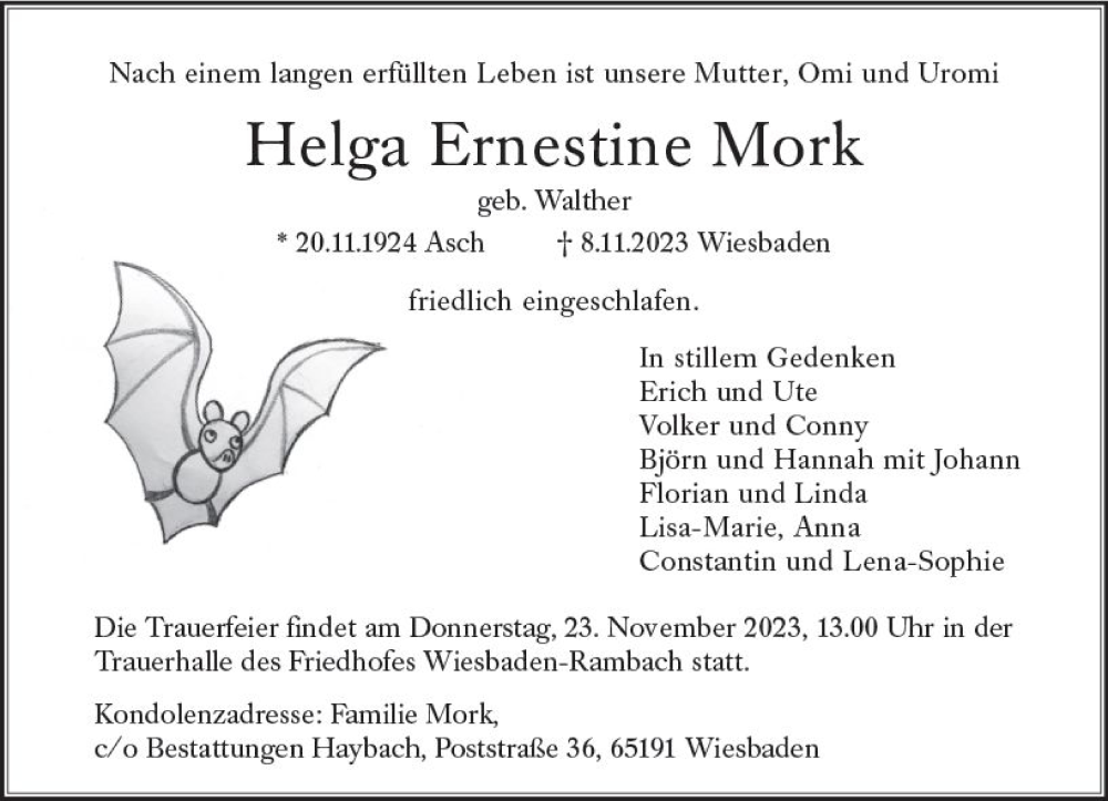  Traueranzeige für Helga Ernestine Mork vom 18.11.2023 aus Wiesbadener Kurier