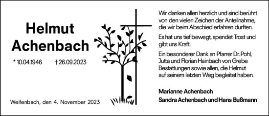 Traueranzeige von Helmut Achenbach von Hinterländer Anzeiger
