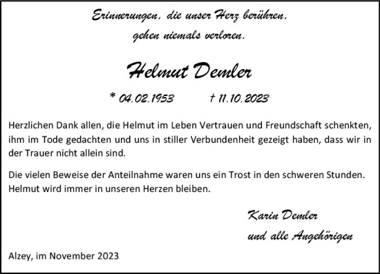 Traueranzeige von Helmut Demler von Allgemeine Zeitung Alzey