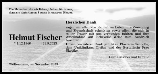 Traueranzeige von Helmut Fischer von Oberhessen Kurier