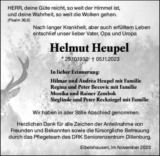 Traueranzeige von Helmut Heupel von Dill Block