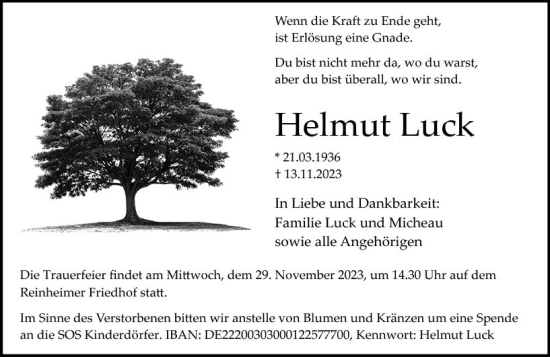 Traueranzeige von Helmut Luck von Odenwälder Echo