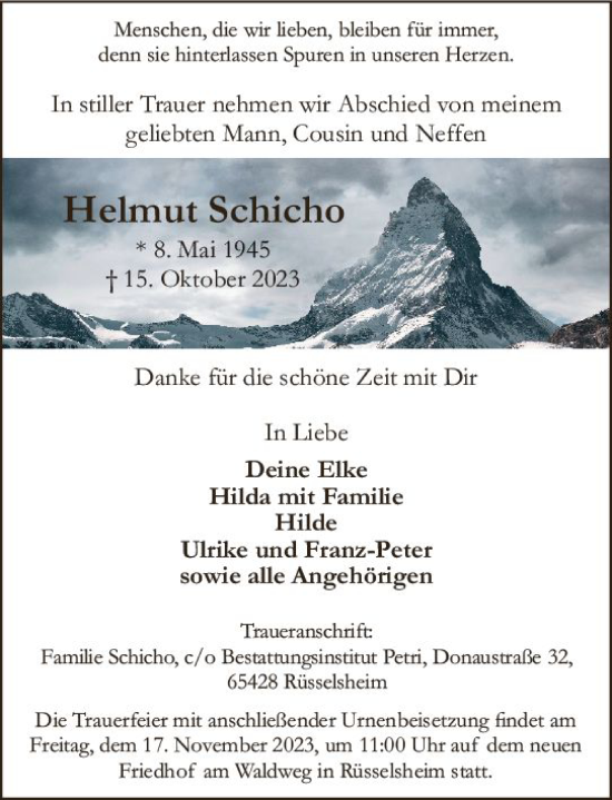Traueranzeige von Helmut Schicho von Rüsselsheimer Echo
