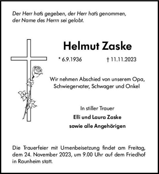 Traueranzeige von Helmut Zaske von Rüsselsheimer Echo