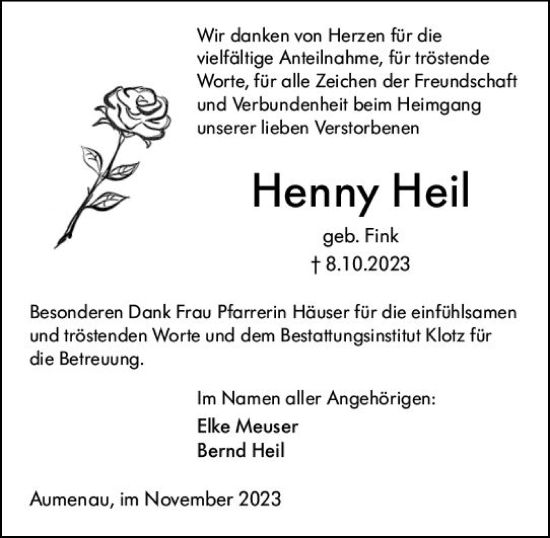 Traueranzeige von Henny Heil von Weilburger Tageblatt
