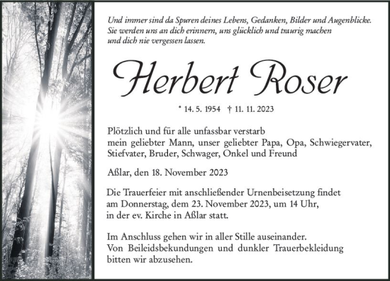 Traueranzeige von Herbert Roser von Wetzlarer Neue Zeitung
