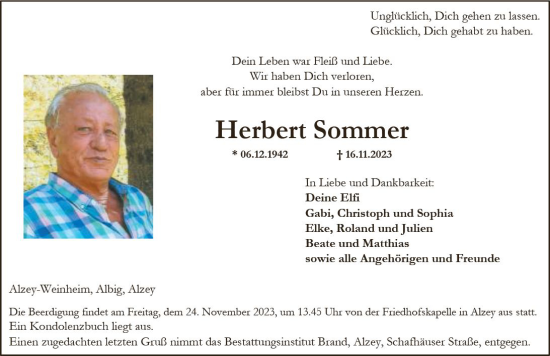 Traueranzeige von Herbert Sommer von Allgemeine Zeitung Alzey