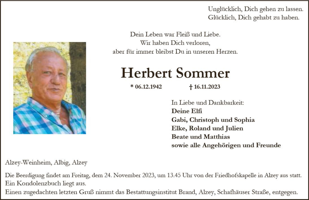  Traueranzeige für Herbert Sommer vom 18.11.2023 aus Allgemeine Zeitung Alzey