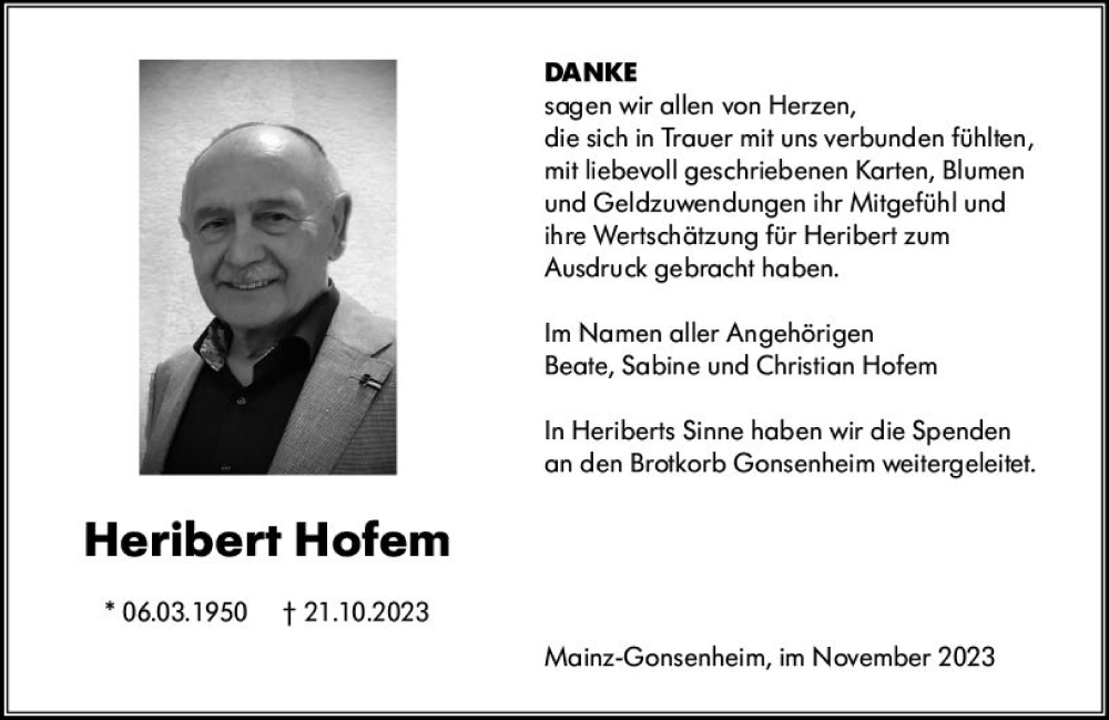  Traueranzeige für Heribert Hofem vom 25.11.2023 aus Allgemeine Zeitung Mainz