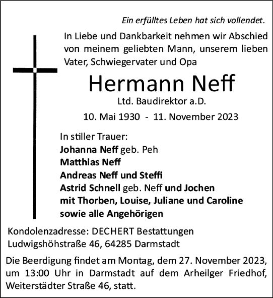  Traueranzeige für Hermann Neff vom 18.11.2023 aus Darmstädter Echo