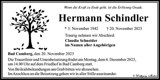 Traueranzeige von Hermann Schindler von Camberger Anzeiger