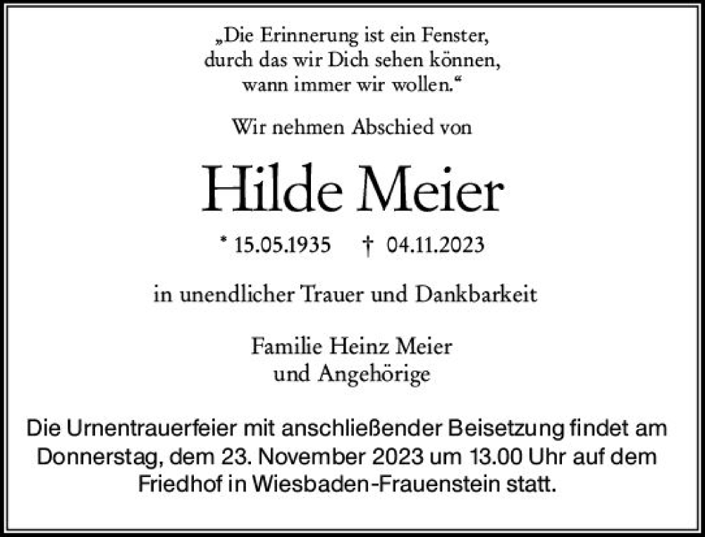  Traueranzeige für Hilde Meier vom 18.11.2023 aus Wiesbadener Kurier