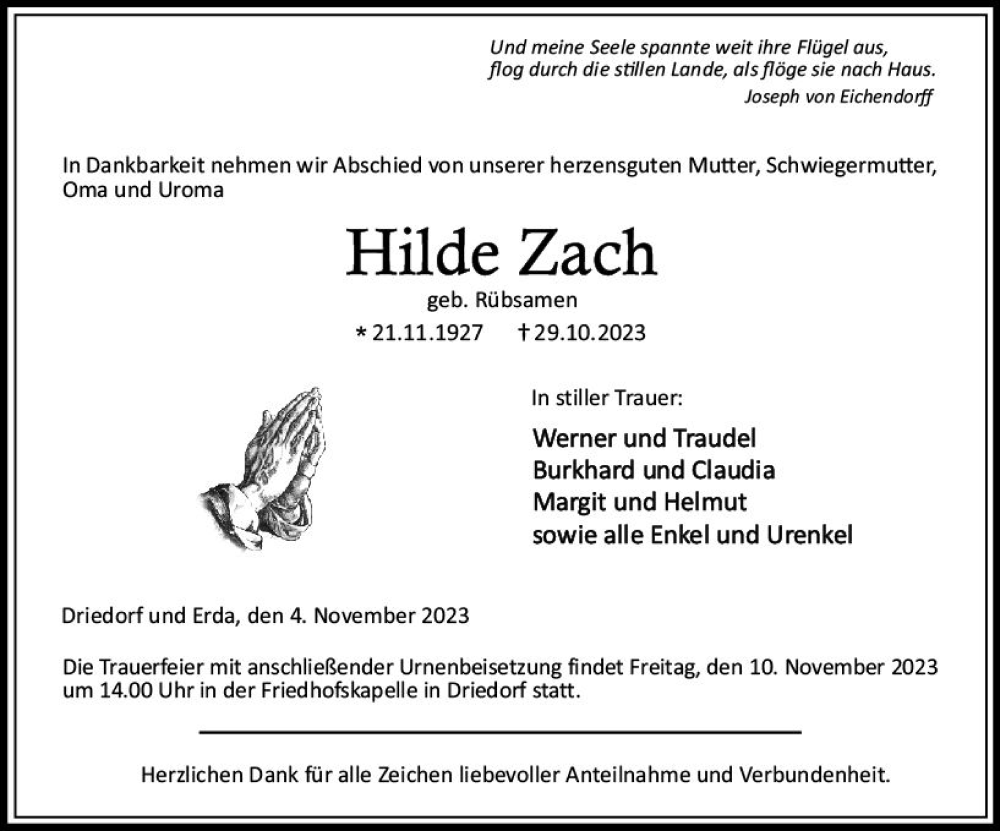  Traueranzeige für Hilde Zach vom 04.11.2023 aus Dill Block