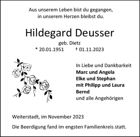 Traueranzeige von Hildegard Deusser von Darmstädter Echo