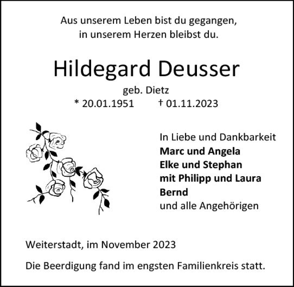  Traueranzeige für Hildegard Deusser vom 18.11.2023 aus Darmstädter Echo