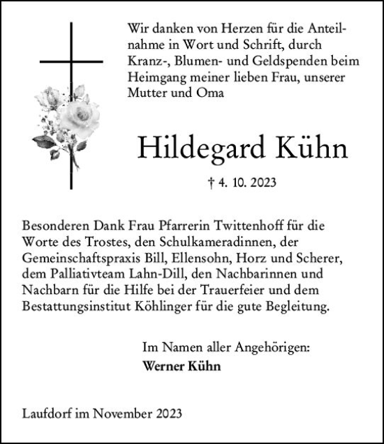 Traueranzeige von Hildegard Kühn von Wetzlarer Neue Zeitung