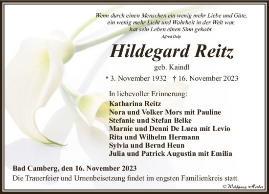Traueranzeige von Hildegard Reitz von Camberger Anzeiger