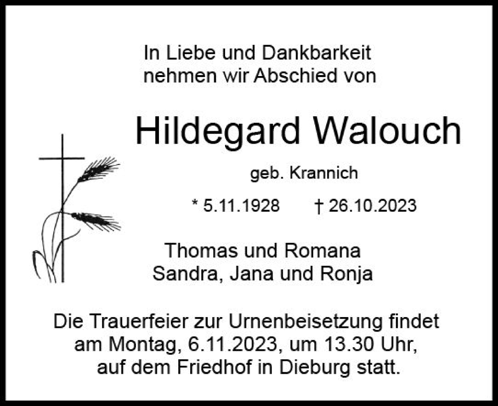  Traueranzeige für Hildegard Walouch vom 04.11.2023 aus Dieburger Anzeiger/Groß-Zimmerner Lokal-Anzeiger