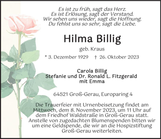 Traueranzeige von Hilma Billig von Groß-Gerauer Echo