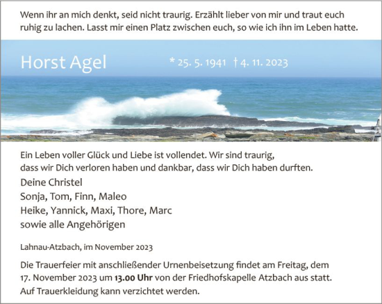 Traueranzeige von Horst Agel von Wetzlarer Neue Zeitung