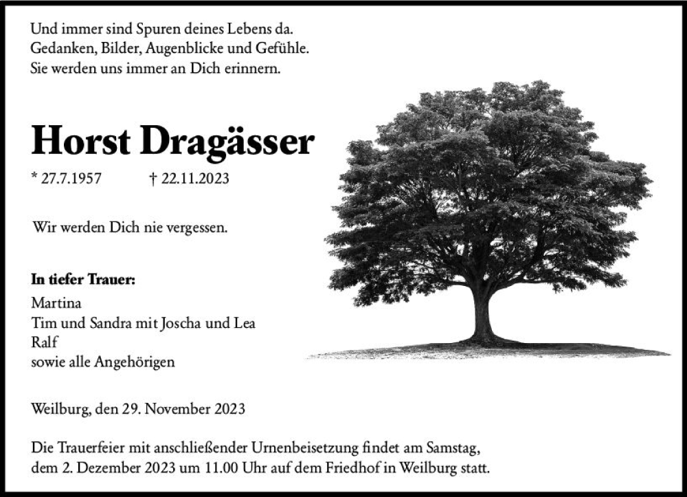  Traueranzeige für Horst Dragässer vom 30.11.2023 aus Weilburger Tageblatt